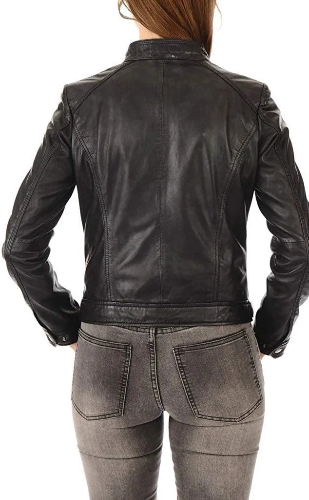 LEATHER FARM Women's Lambskin Leather Bomber Biker Jacket