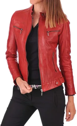 LEATHER FARM Women's Lambskin Leather Bomber Biker Jacket