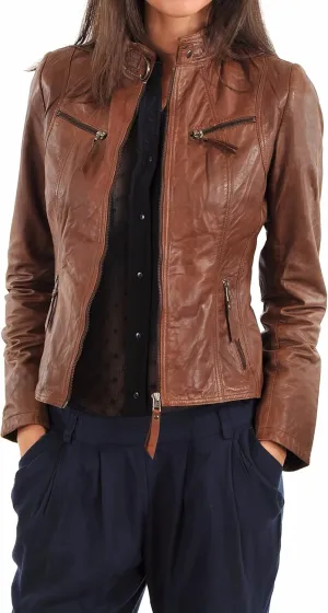 LEATHER FARM Women's Lambskin Leather Bomber Biker Jacket