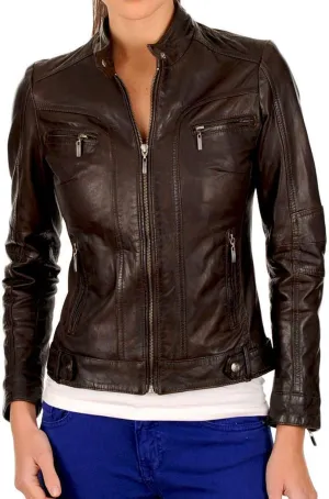 LEATHER FARM Women's Lambskin Leather Bomber Biker Jacket
