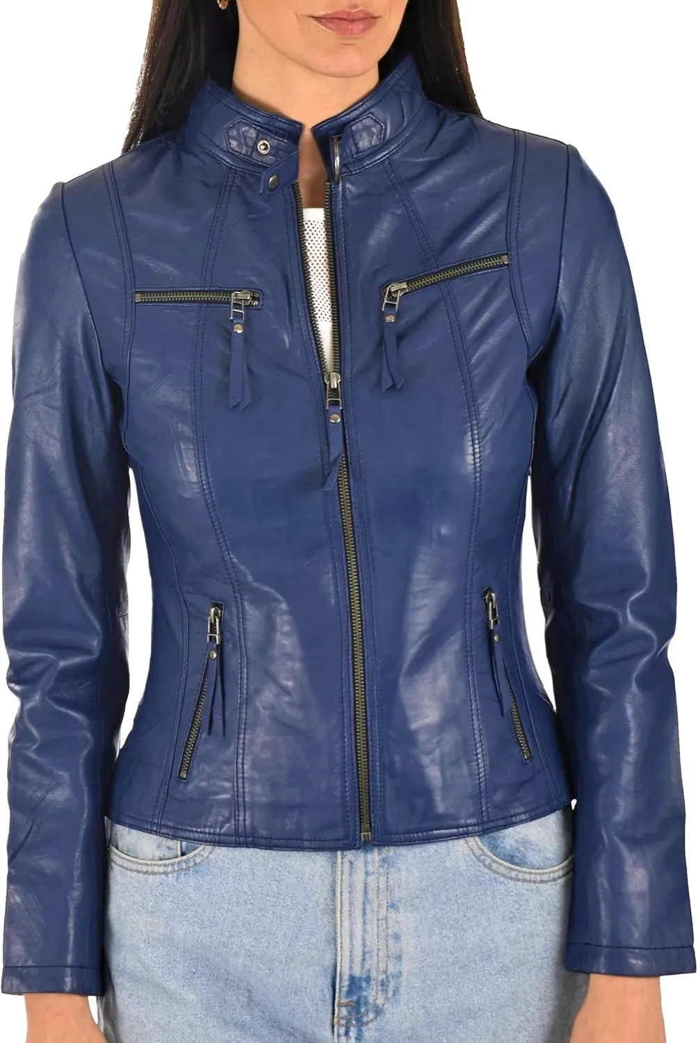 LEATHER FARM Women's Lambskin Leather Bomber Biker Jacket