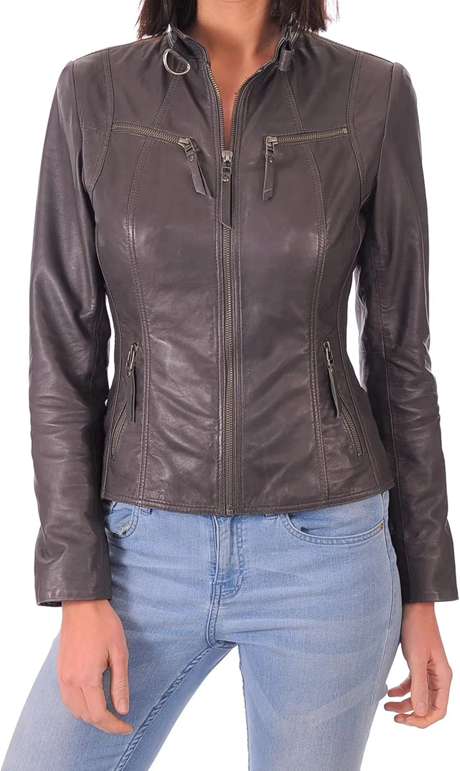 LEATHER FARM Women's Lambskin Leather Bomber Biker Jacket