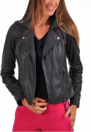 LEATHER FARM Women's Lambskin Leather Bomber Biker Jacket