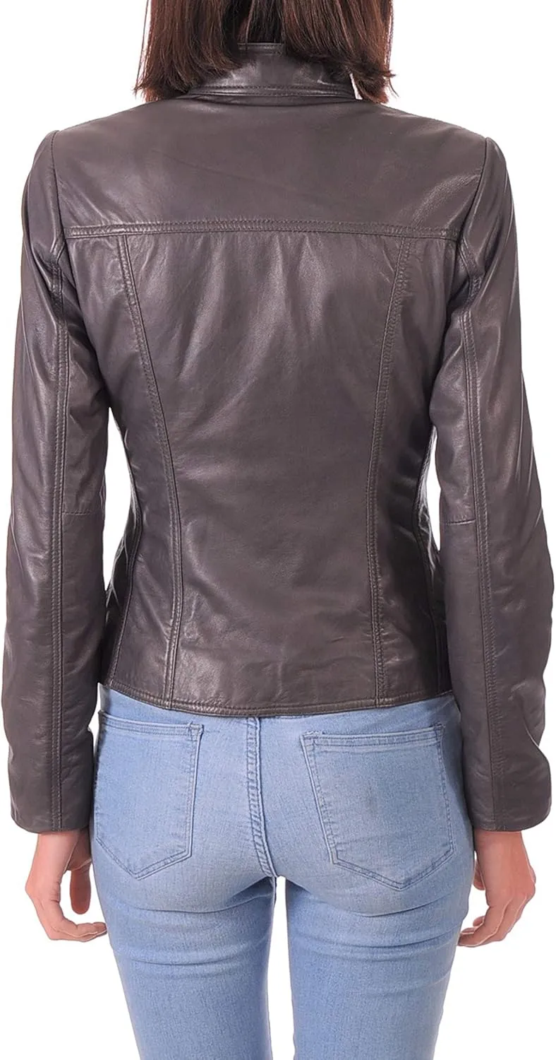 LEATHER FARM Women's Lambskin Leather Bomber Biker Jacket