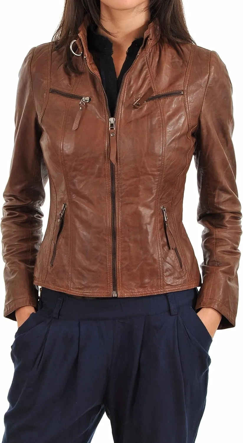 LEATHER FARM Women's Lambskin Leather Bomber Biker Jacket
