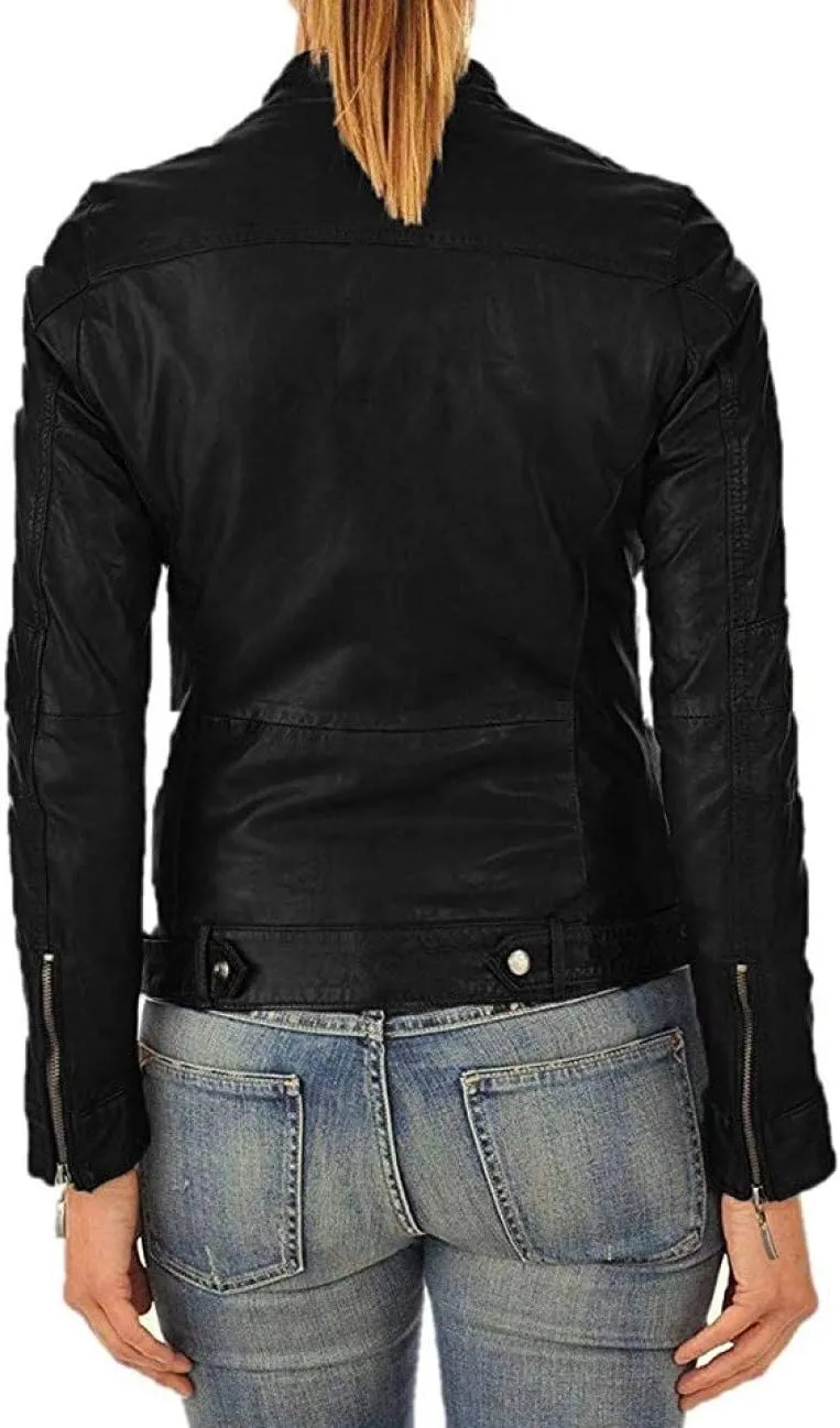 LEATHER FARM Women's Lambskin Leather Bomber Biker Jacket