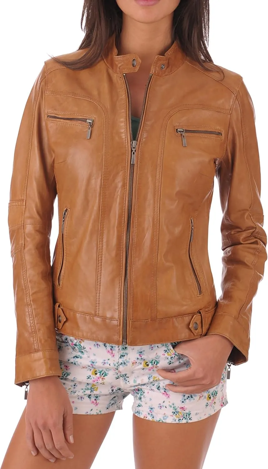 LEATHER FARM Women's Lambskin Leather Bomber Biker Jacket