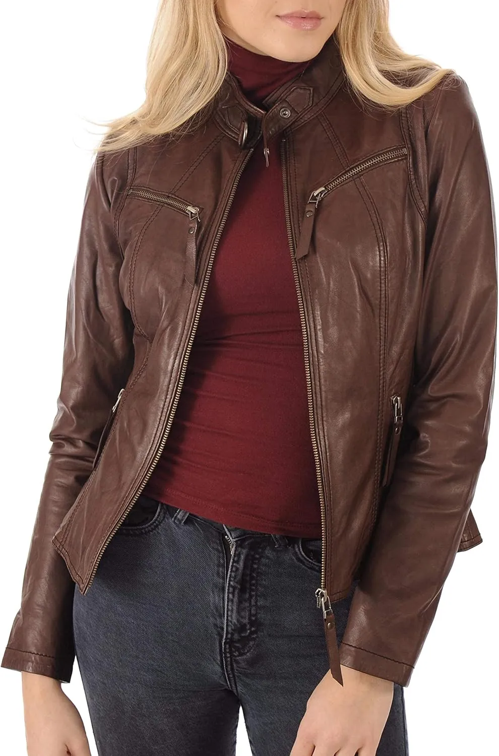 LEATHER FARM Women's Lambskin Leather Bomber Biker Jacket
