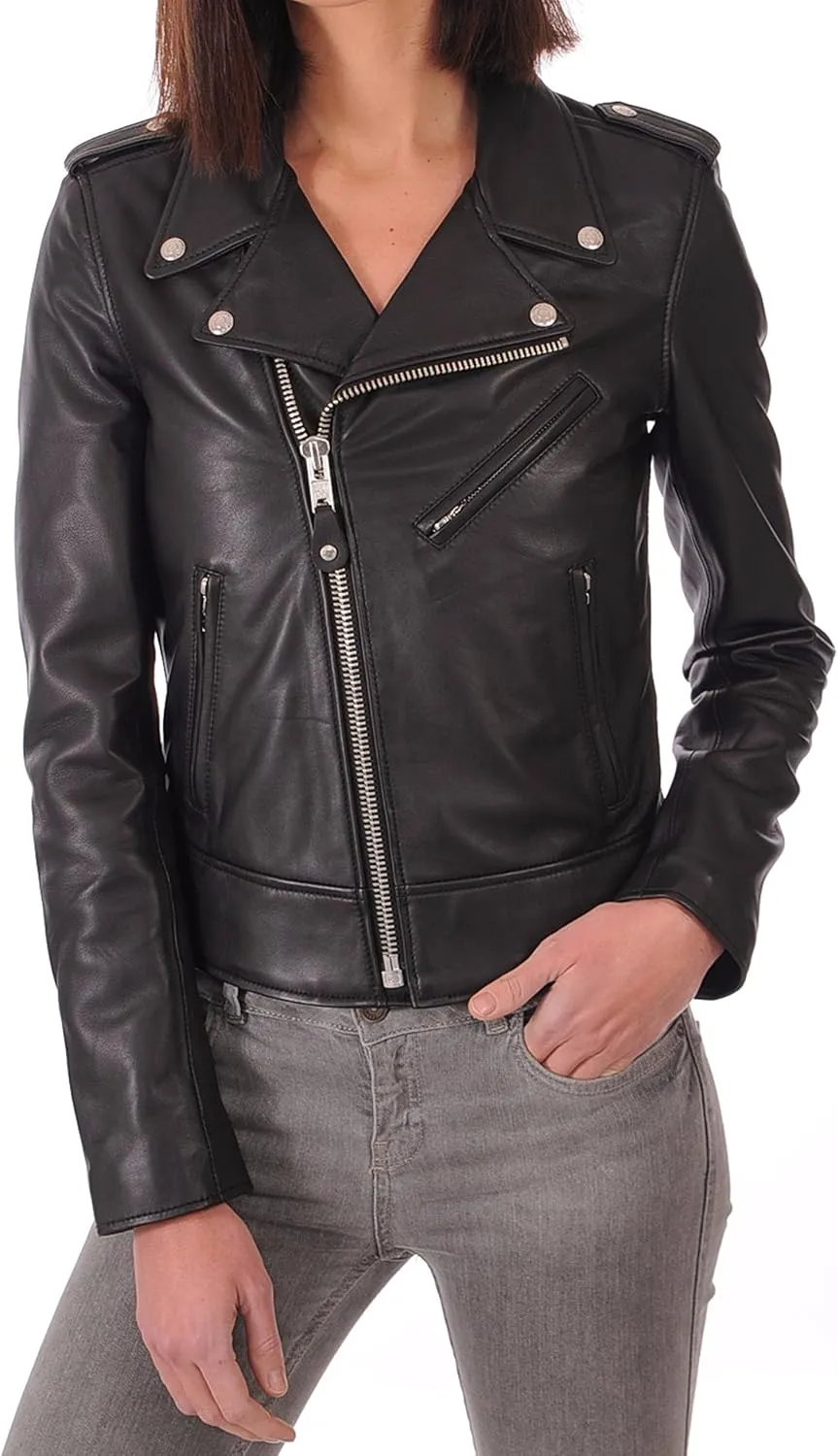 LEATHER FARM Women's Lambskin Leather Bomber Biker Jacket