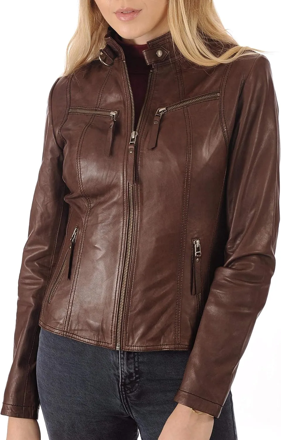 LEATHER FARM Women's Lambskin Leather Bomber Biker Jacket