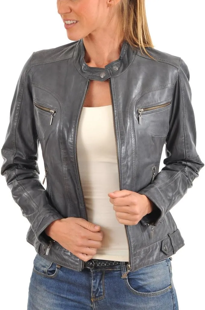 LEATHER FARM Women's Lambskin Leather Bomber Biker Jacket