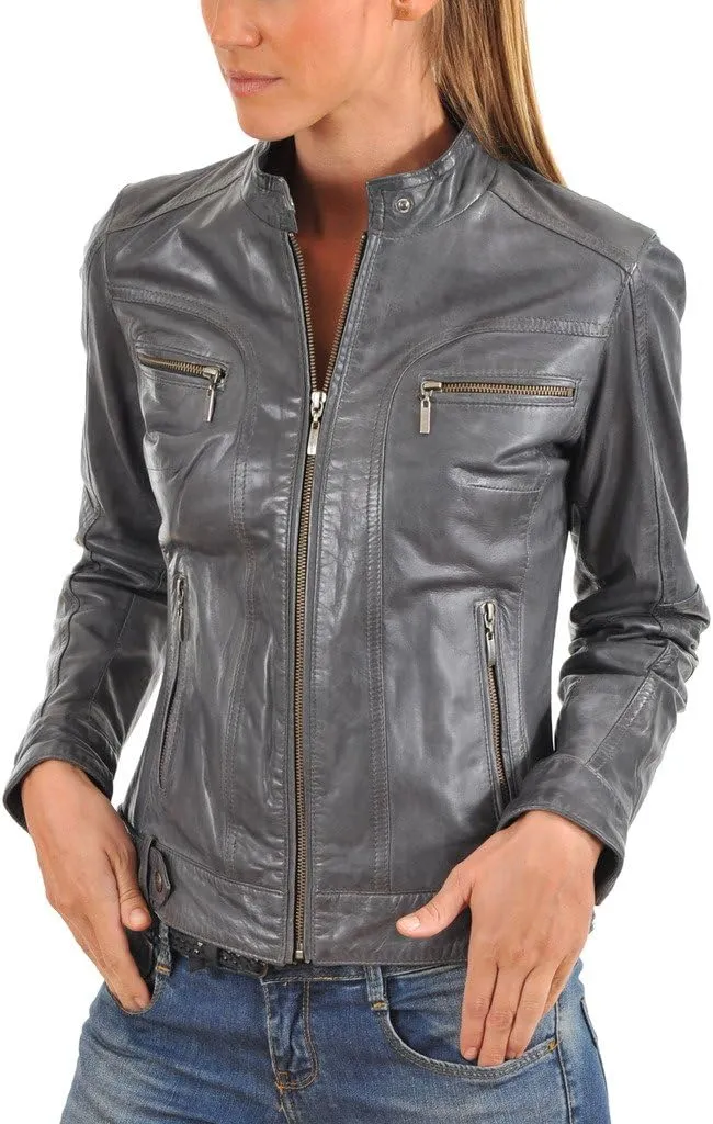 LEATHER FARM Women's Lambskin Leather Bomber Biker Jacket