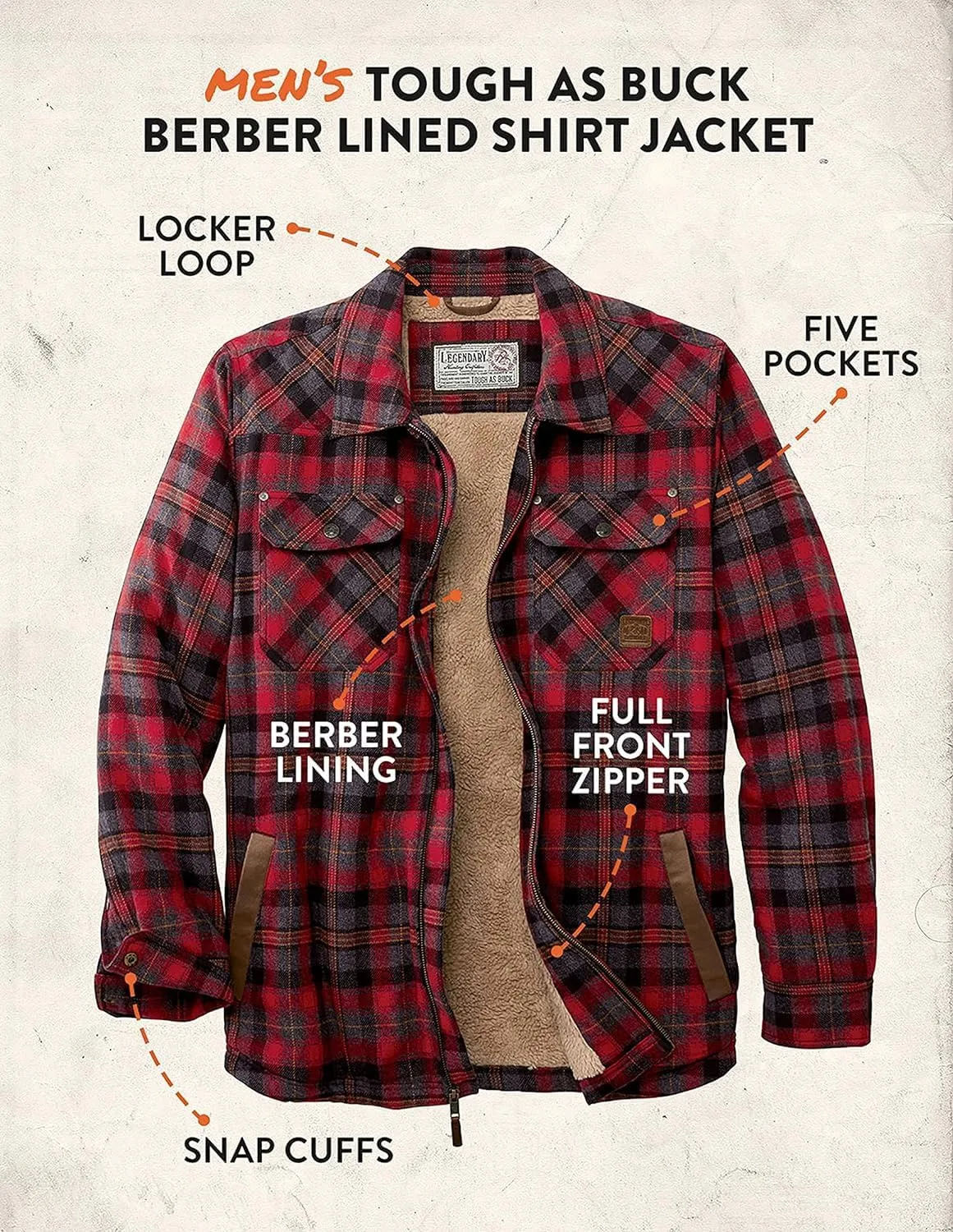 Legendary Whitetails Men's Tough as Buck Sherpa Lined Flannel Shirt Jacket