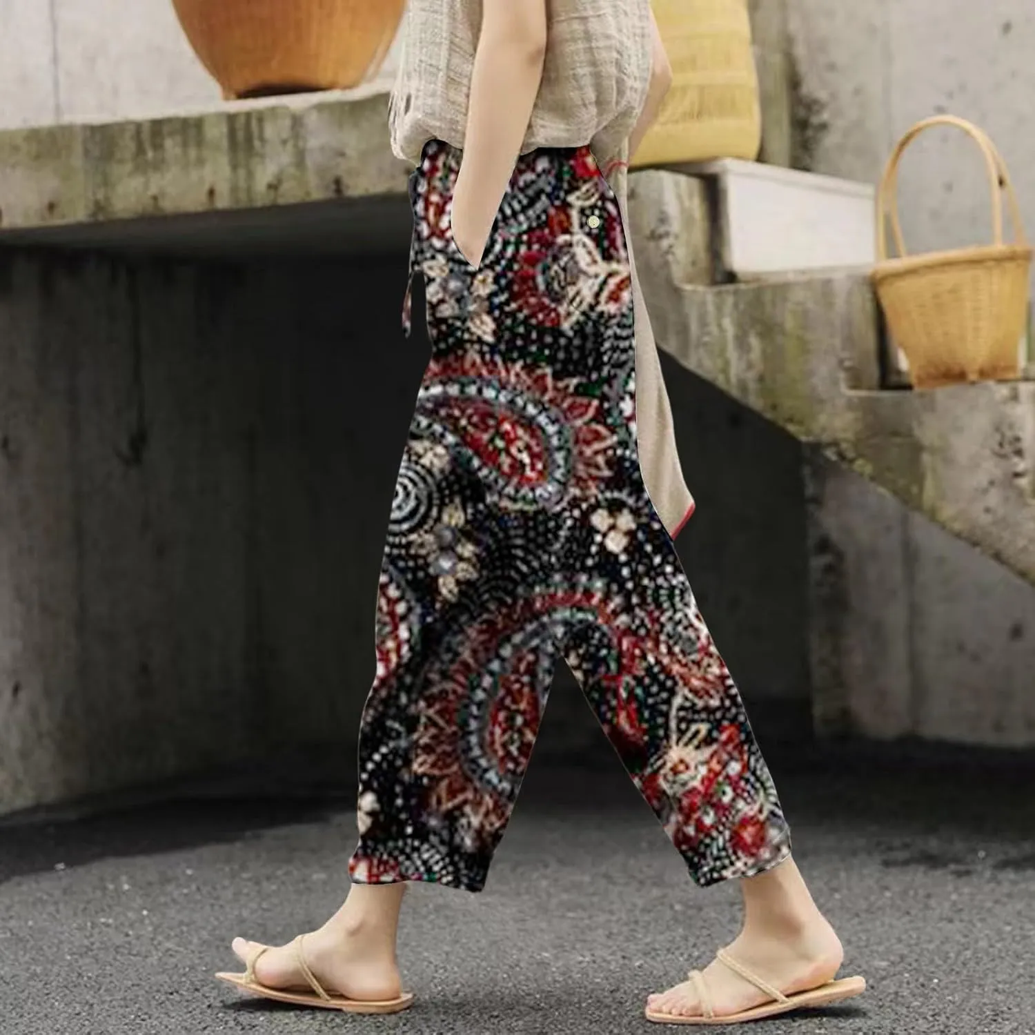 Leggings with Pockets for Women Drawstring Pants Plus Size Trendy Striped Spring Summer Gauze Pants Linen Pants Yoga