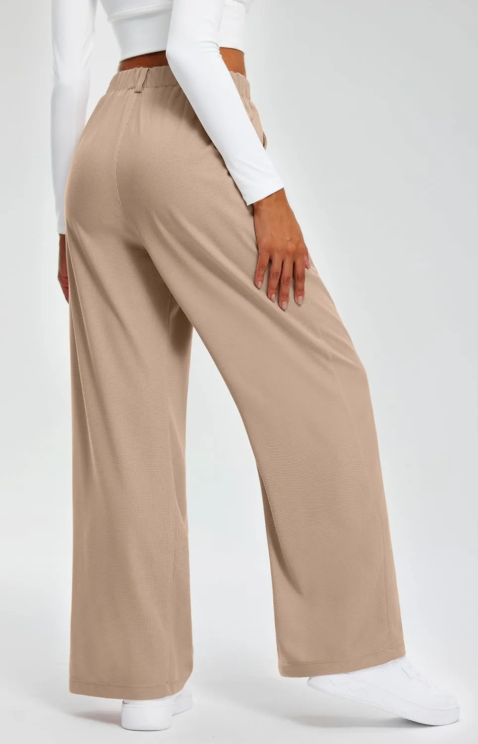 Libin Women's Wide Leg Pants 27"/29" High Waisted Waffle Knit Casual Slacks Work Pants Business Palazzo Trousers with Pockets