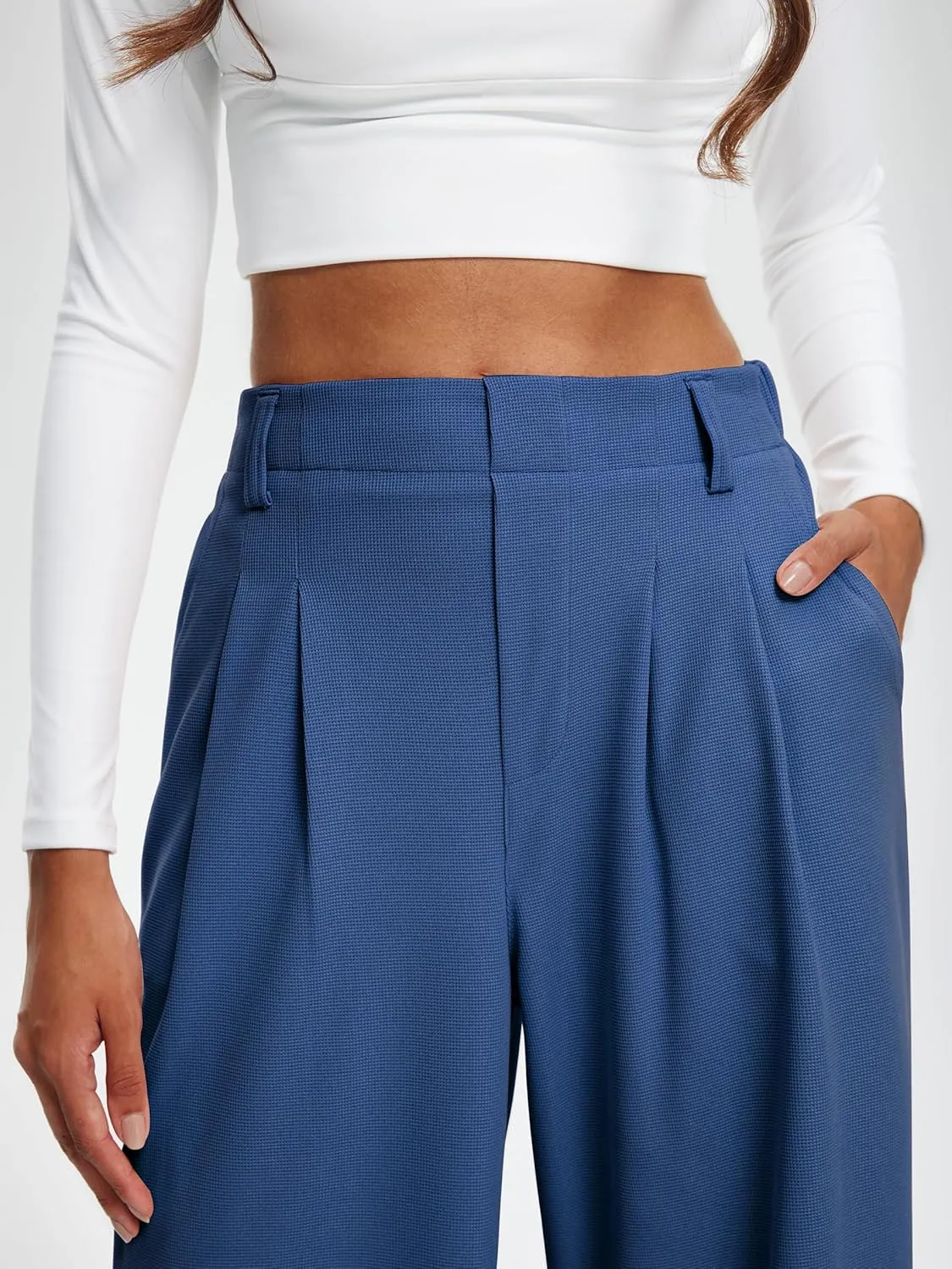 Libin Women's Wide Leg Pants 27"/29" High Waisted Waffle Knit Casual Slacks Work Pants Business Palazzo Trousers with Pockets