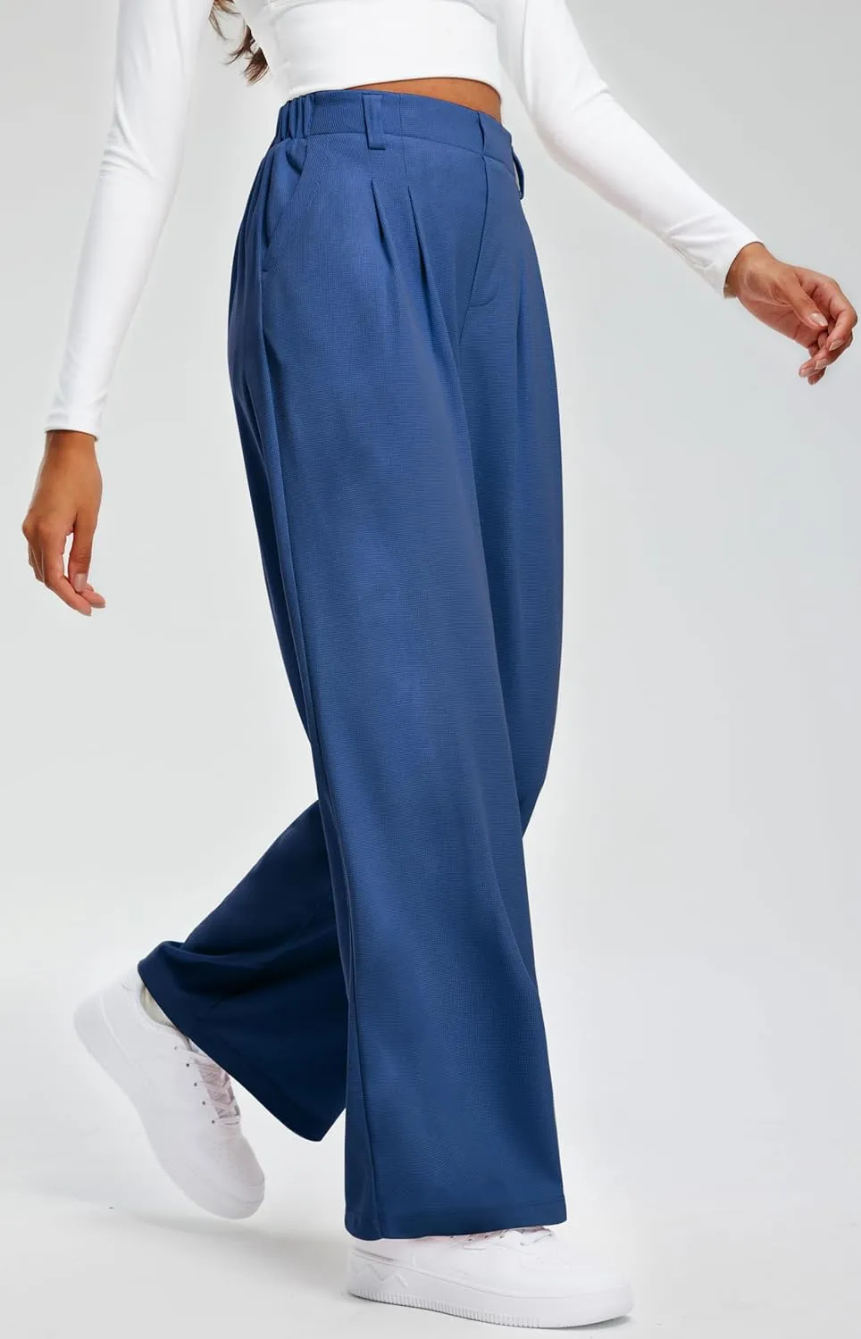 Libin Women's Wide Leg Pants 27"/29" High Waisted Waffle Knit Casual Slacks Work Pants Business Palazzo Trousers with Pockets