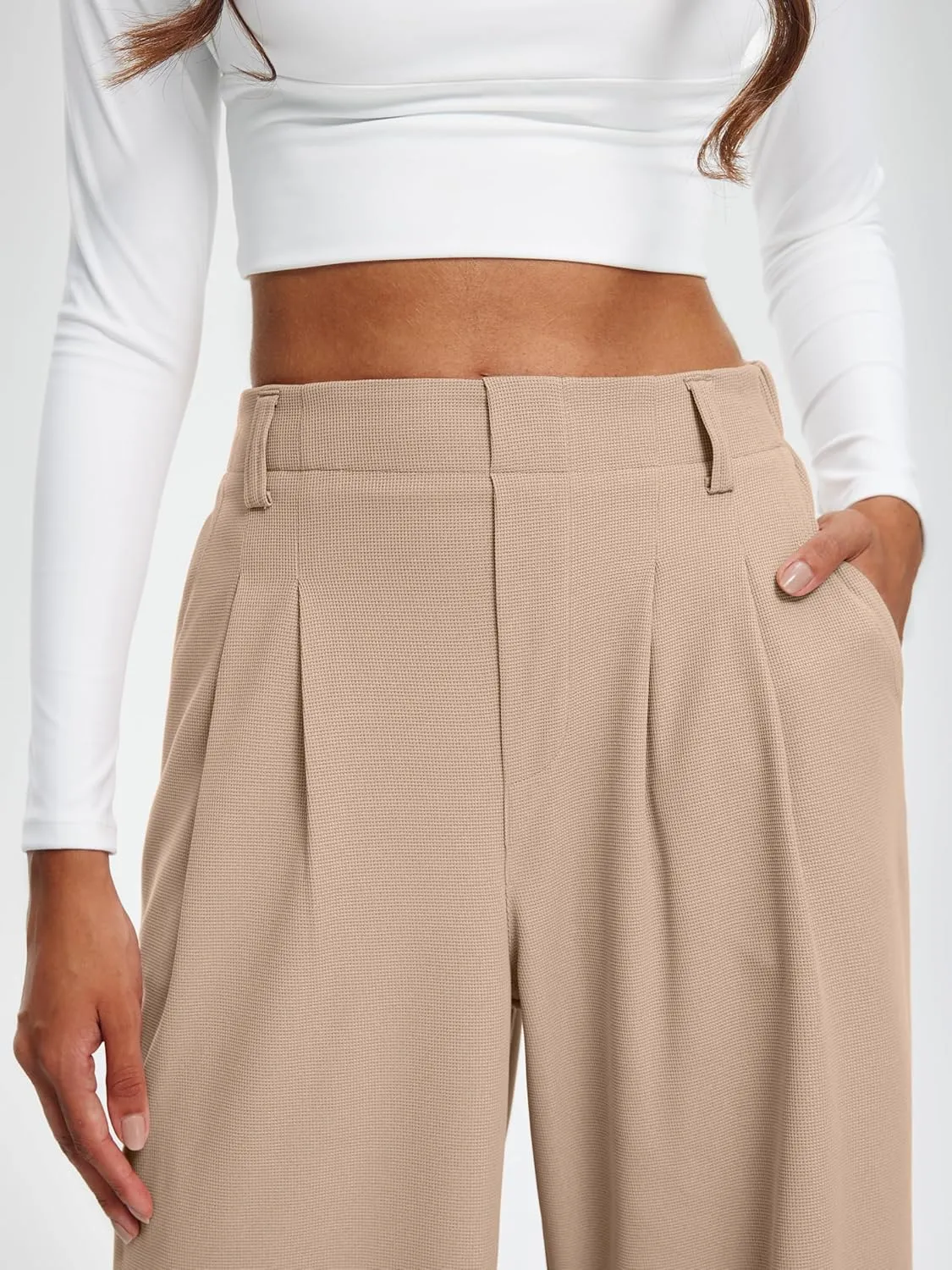 Libin Women's Wide Leg Pants 27"/29" High Waisted Waffle Knit Casual Slacks Work Pants Business Palazzo Trousers with Pockets
