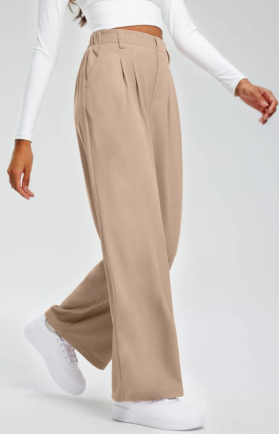 Libin Women's Wide Leg Pants 27"/29" High Waisted Waffle Knit Casual Slacks Work Pants Business Palazzo Trousers with Pockets
