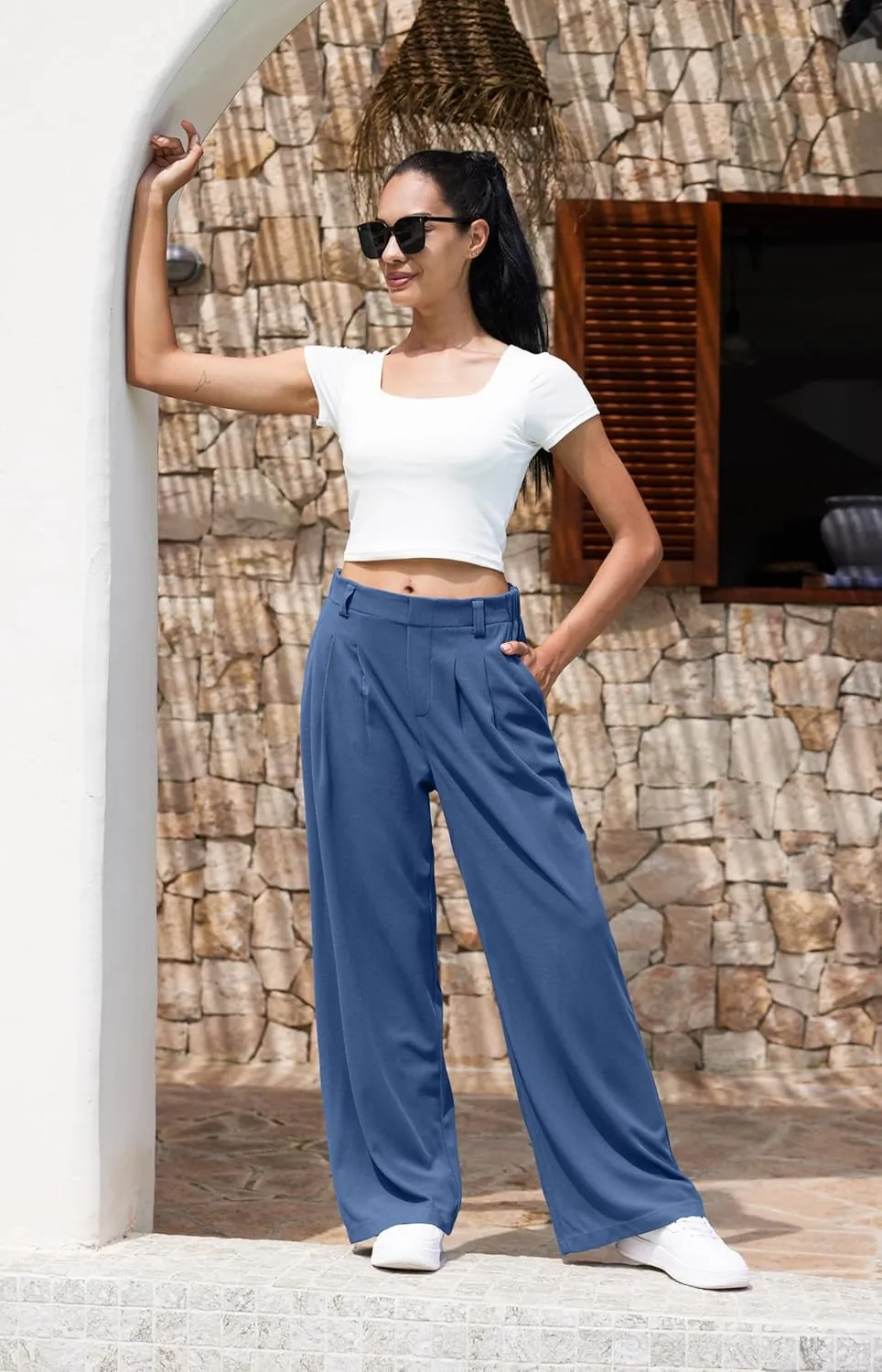 Libin Women's Wide Leg Pants 27"/29" High Waisted Waffle Knit Casual Slacks Work Pants Business Palazzo Trousers with Pockets