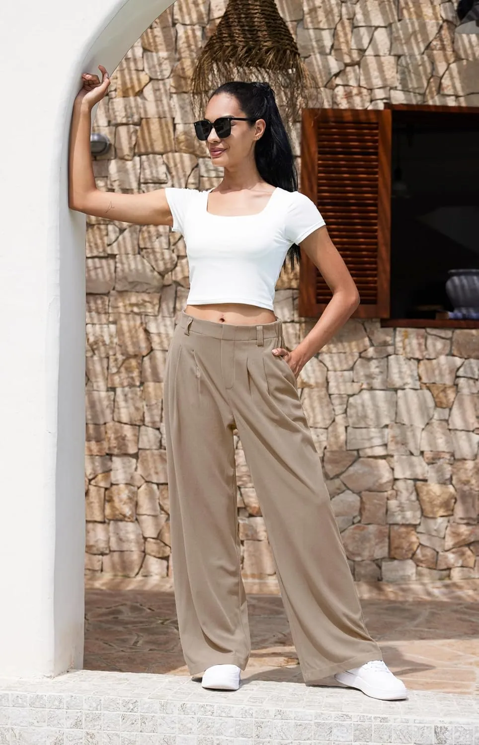 Libin Women's Wide Leg Pants 27"/29" High Waisted Waffle Knit Casual Slacks Work Pants Business Palazzo Trousers with Pockets