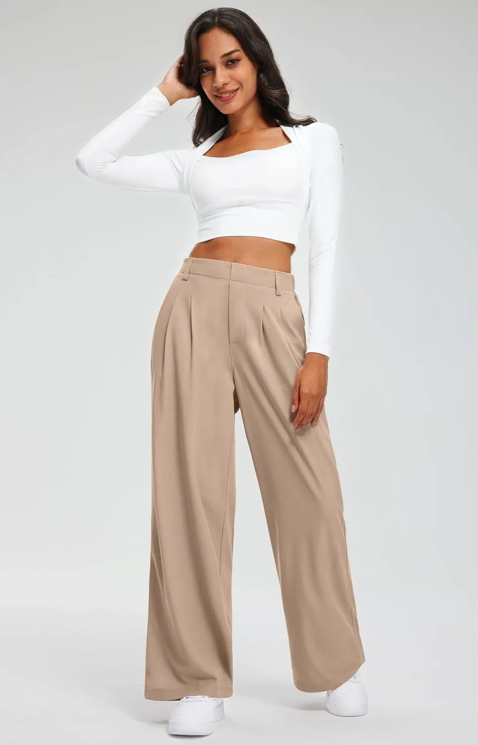 Libin Women's Wide Leg Pants 27"/29" High Waisted Waffle Knit Casual Slacks Work Pants Business Palazzo Trousers with Pockets