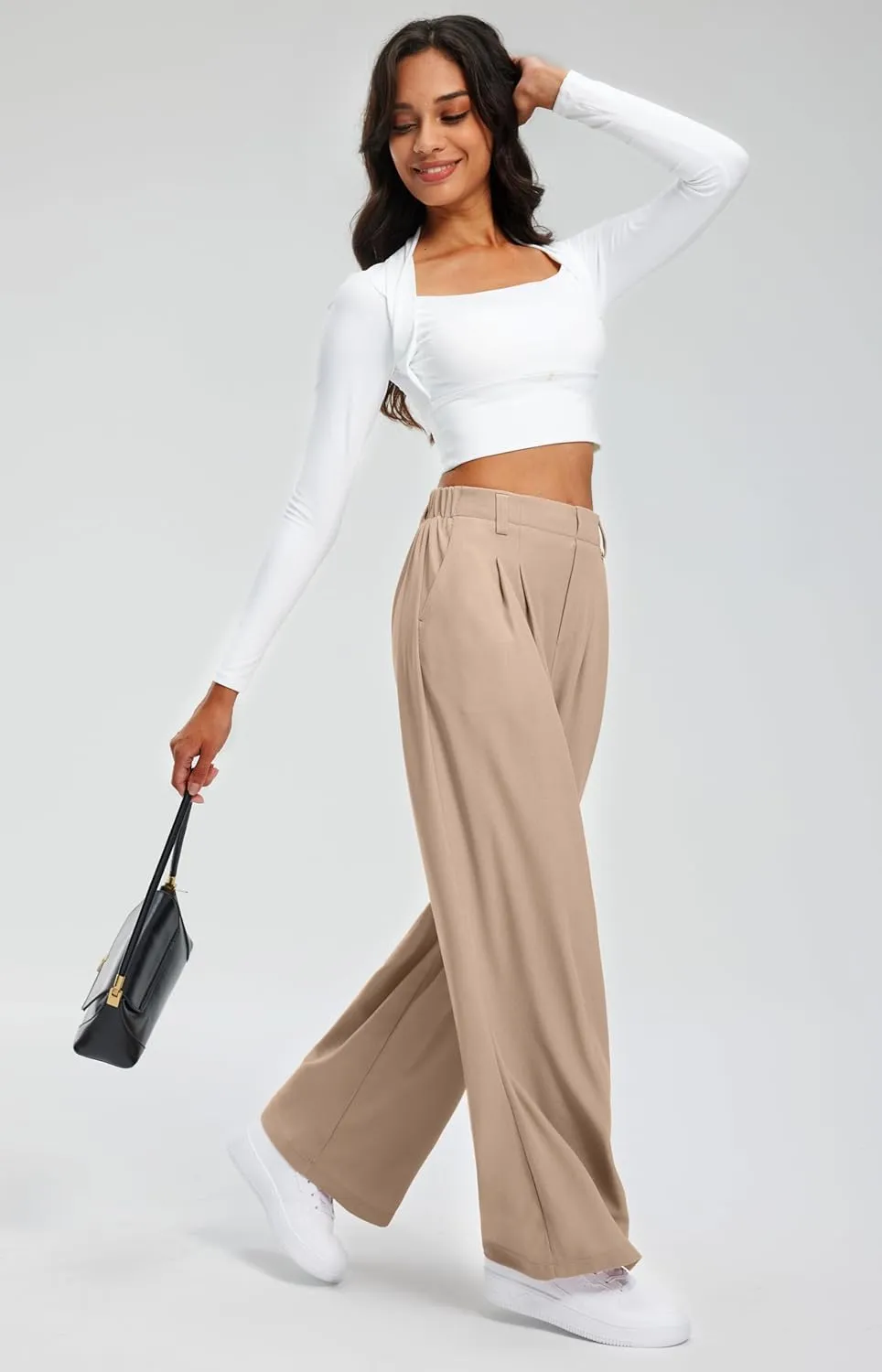 Libin Women's Wide Leg Pants 27"/29" High Waisted Waffle Knit Casual Slacks Work Pants Business Palazzo Trousers with Pockets
