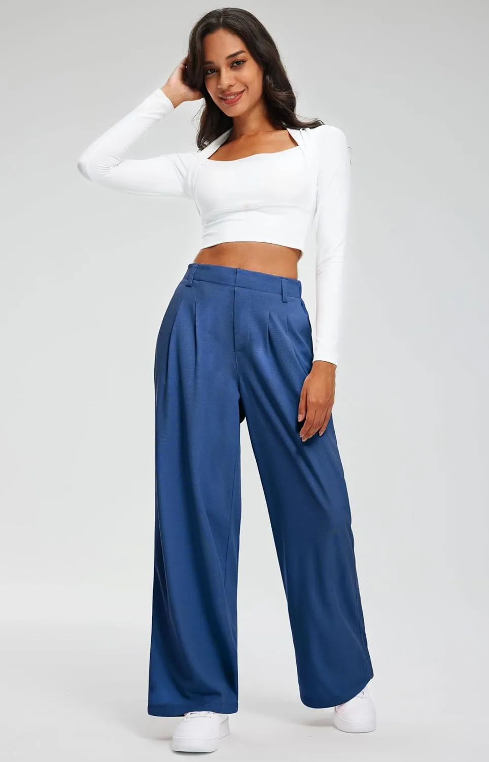 Libin Women's Wide Leg Pants 27"/29" High Waisted Waffle Knit Casual Slacks Work Pants Business Palazzo Trousers with Pockets