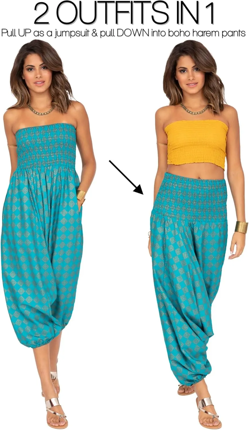 likemary Harem Pants Women - Boho Pants Pull Up into Jumpsuit with Pockets - 2-in-1 Hippie Pants and Romper Jumper Outfit