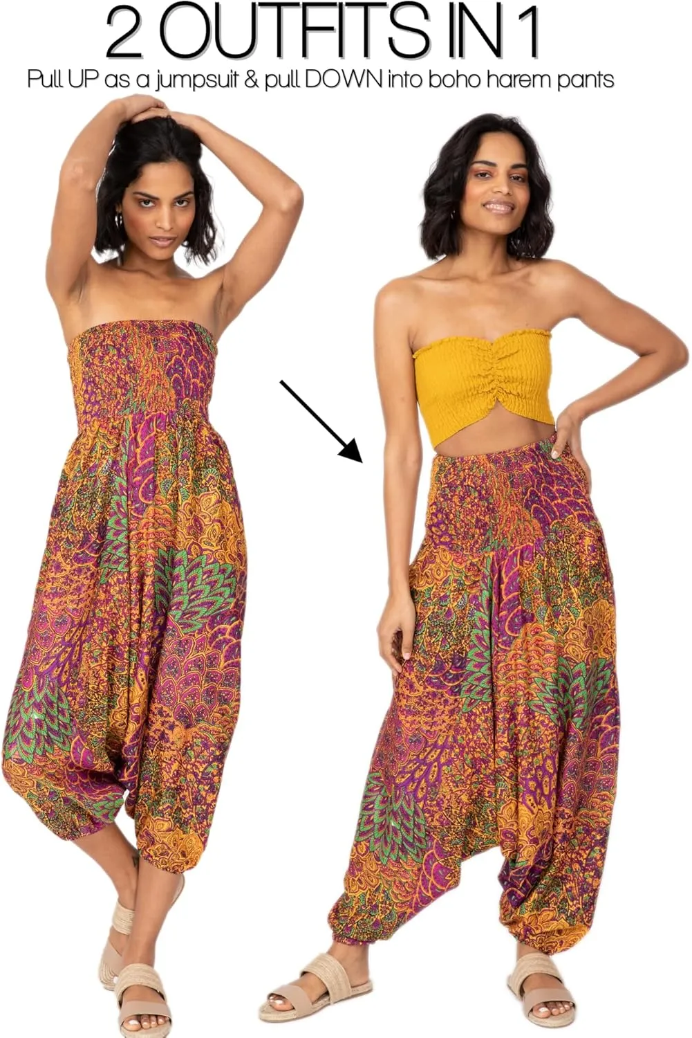 likemary Harem Pants Women - Boho Pants Pull Up into Jumpsuit with Pockets - 2-in-1 Hippie Pants and Romper Jumper Outfit