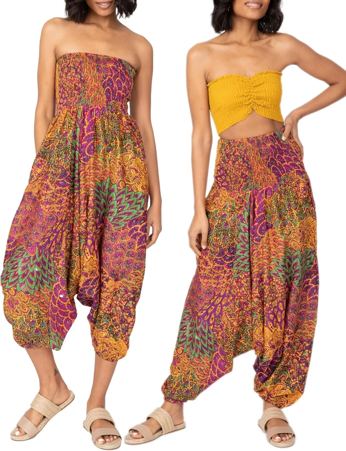 likemary Harem Pants Women - Boho Pants Pull Up into Jumpsuit with Pockets - 2-in-1 Hippie Pants and Romper Jumper Outfit