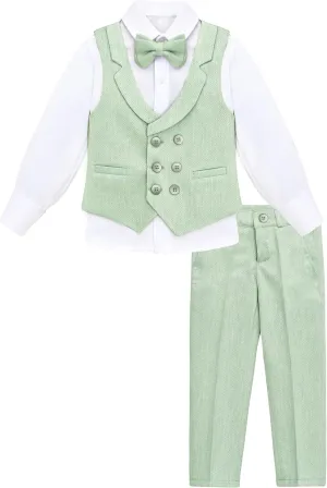 Lilax Boys Suit Set Slim Fit Vest, White Dress Shirt, Dress Pants and Bowtie 4 Piece Formal Suit Set