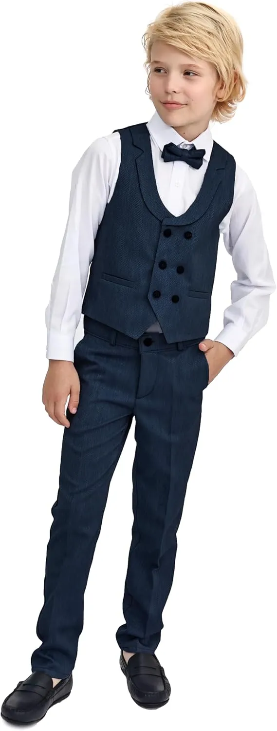 Lilax Boys Suit Set Slim Fit Vest, White Dress Shirt, Dress Pants and Bowtie 4 Piece Formal Suit Set