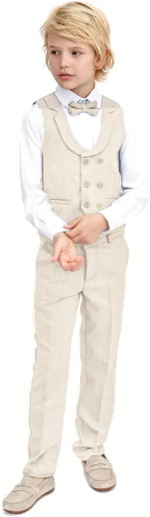 Lilax Boys Suit Set Slim Fit Vest, White Dress Shirt, Dress Pants and Bowtie 4 Piece Formal Suit Set