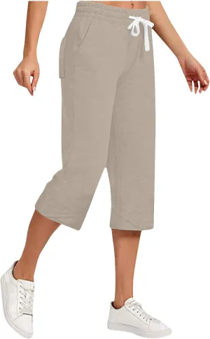 Linen Capri Pants for Women Casual Summer Solid Loose Outdoor Drawstring Pants with Pockets Trendy Summer Trousers