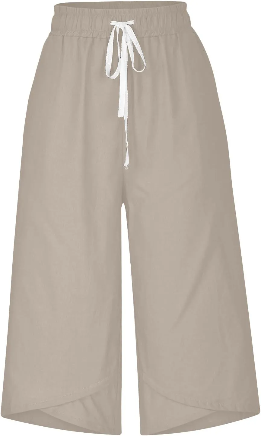 Linen Capri Pants for Women Casual Summer Solid Loose Outdoor Drawstring Pants with Pockets Trendy Summer Trousers