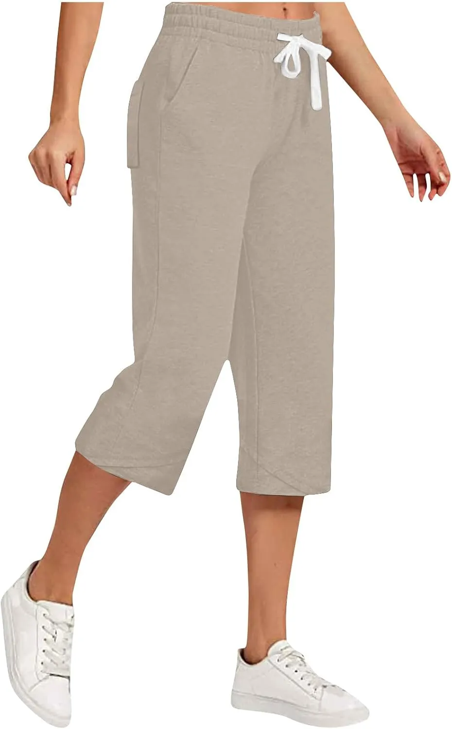 Linen Capri Pants for Women Casual Summer Solid Loose Outdoor Drawstring Pants with Pockets Trendy Summer Trousers