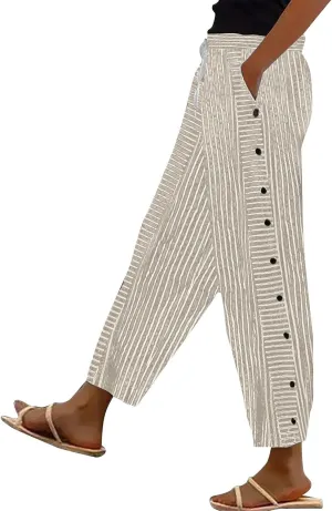 Linen Crop Pants for Women Elastic Waistband High Waistband Pocket Pants Side Nine Point Loose Casual
