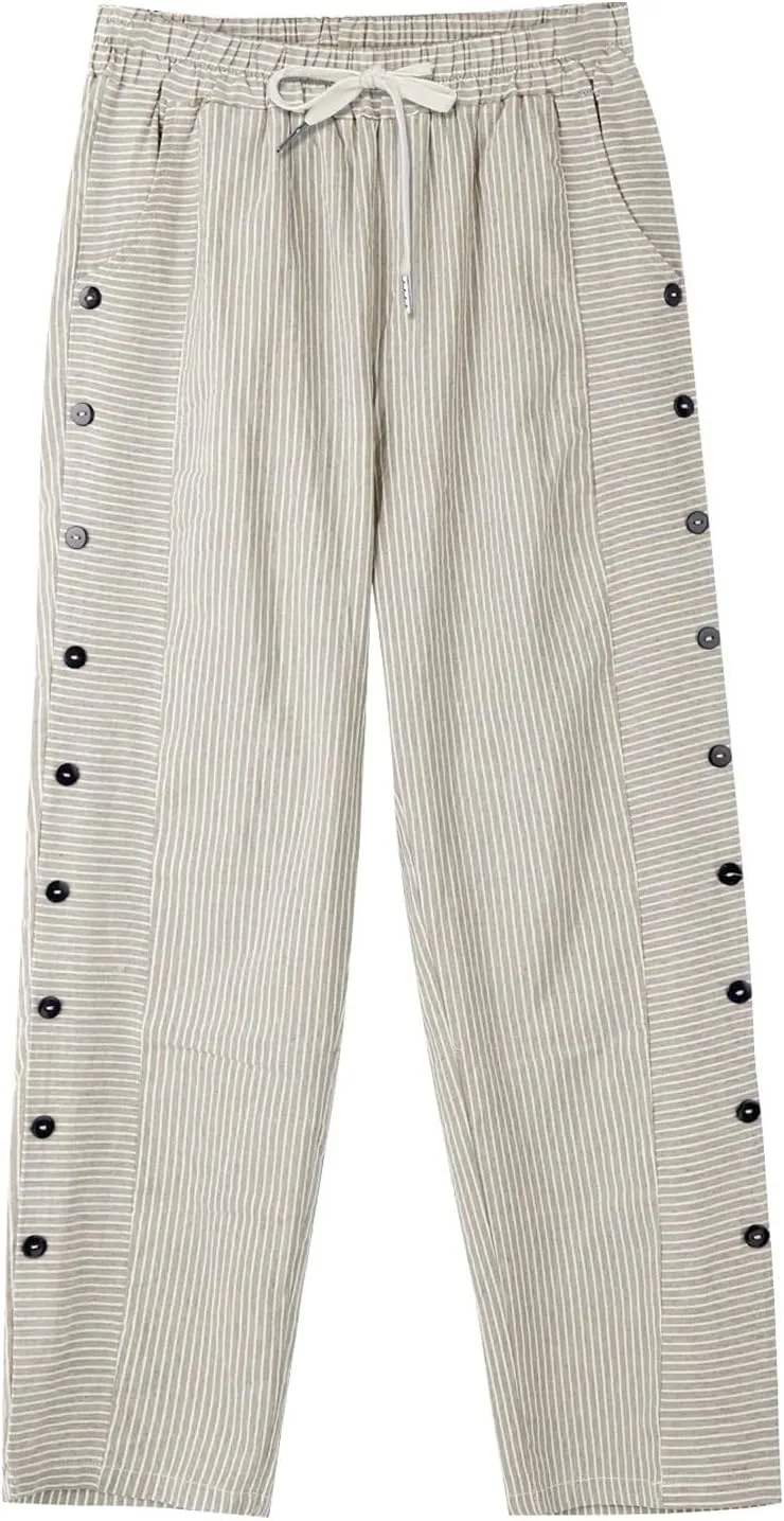 Linen Crop Pants for Women Elastic Waistband High Waistband Pocket Pants Side Nine Point Loose Casual
