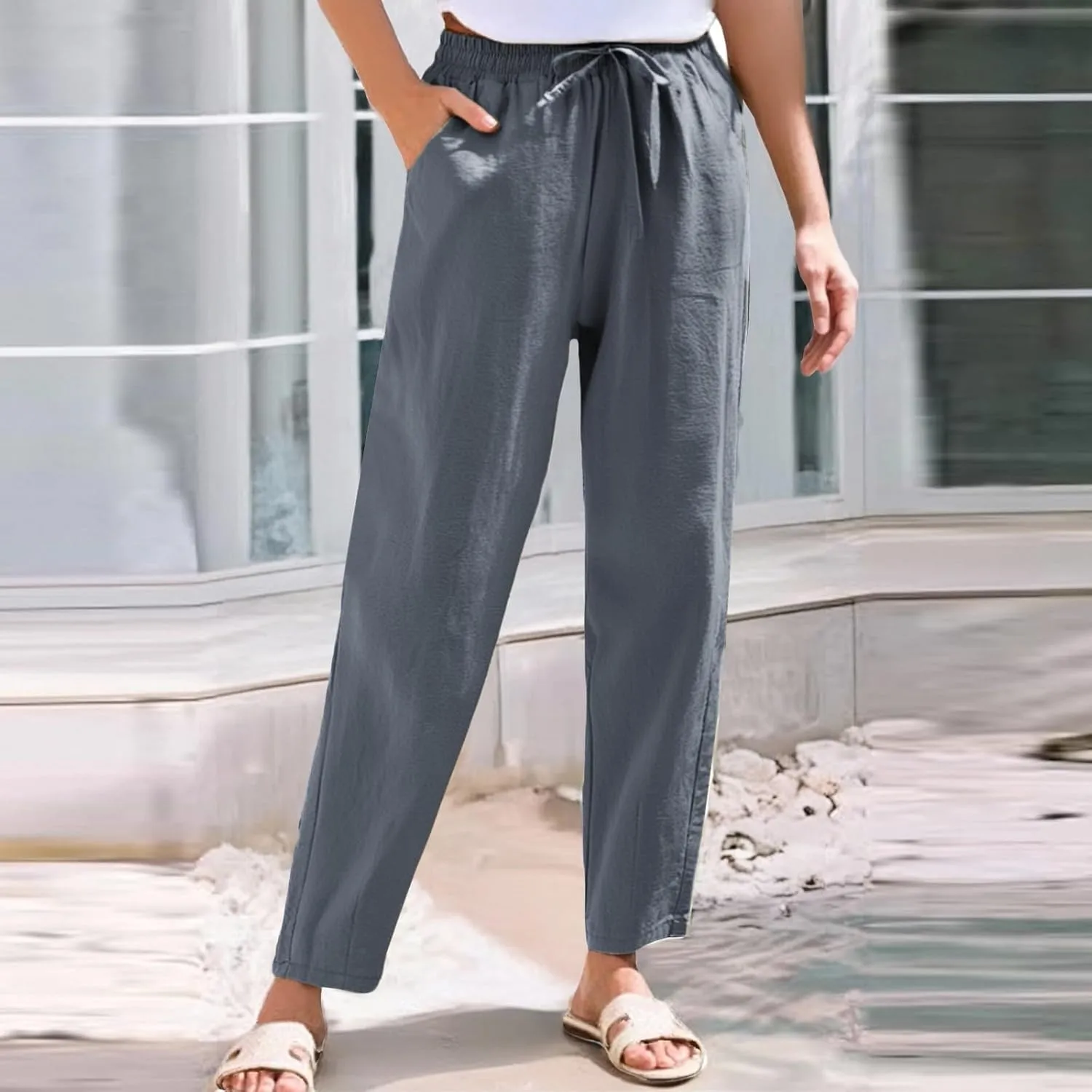 Linen Pants for Women, Peasant Pants Casual Linen Straight Leg Print Trendy
