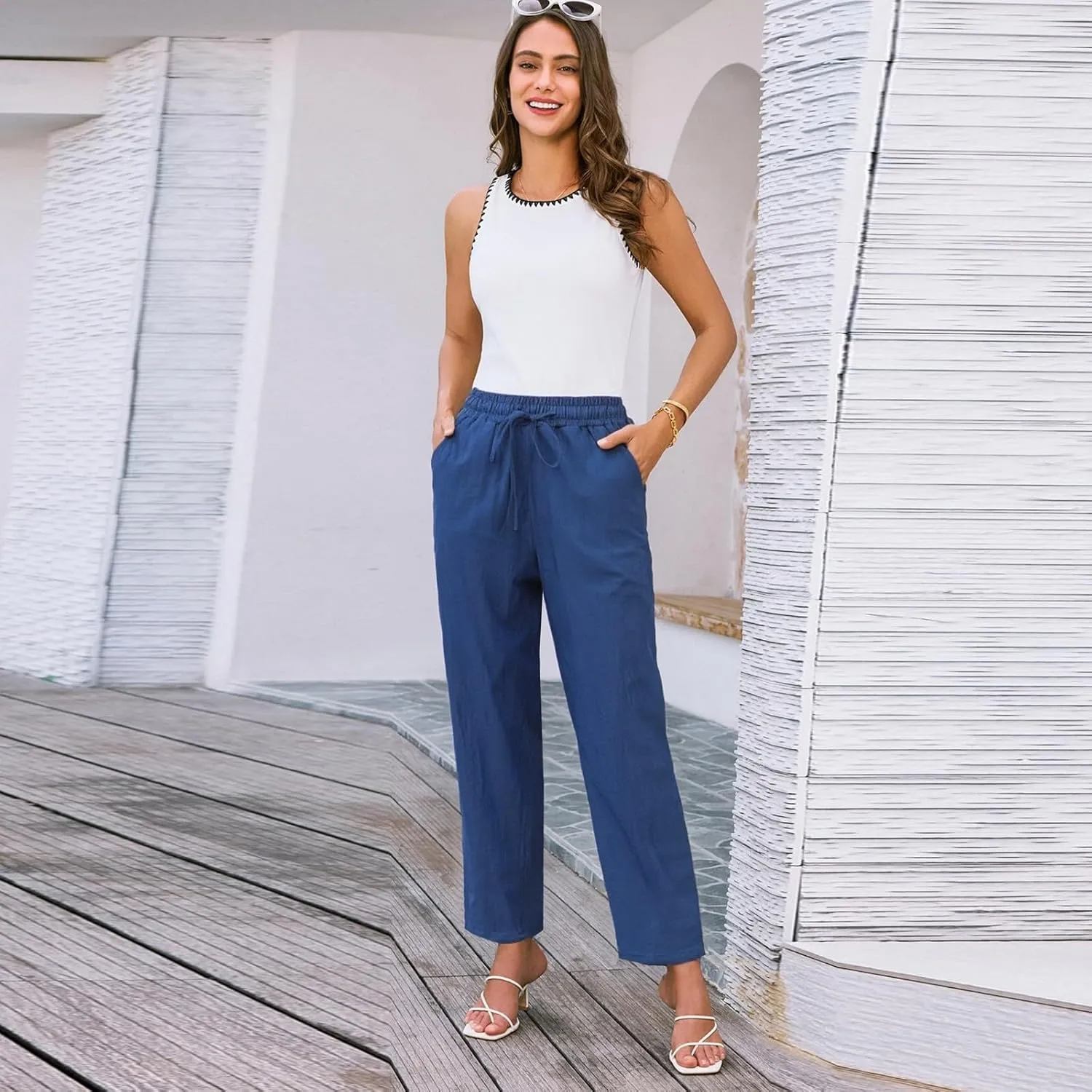 Linen Pants for Women, Peasant Pants Linen Casual Straight Leg Drawstring Trendy