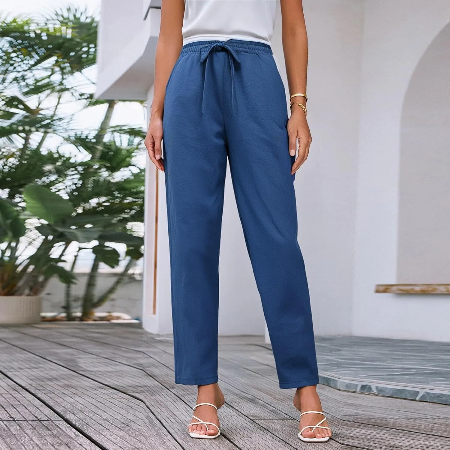 Linen Pants for Women, Peasant Pants Linen Casual Straight Leg Drawstring Trendy