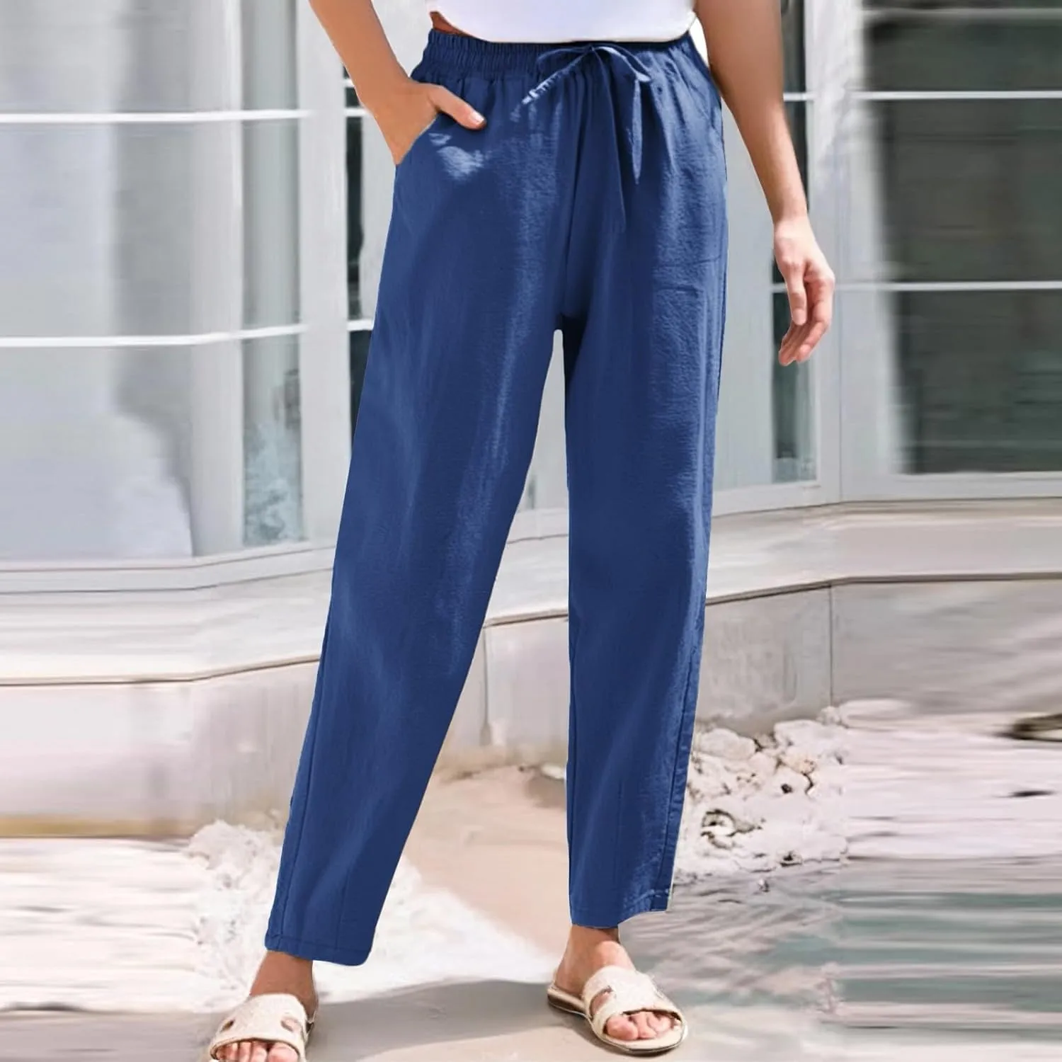 Linen Pants for Women, Peasant Pants Linen Casual Straight Leg Drawstring Trendy