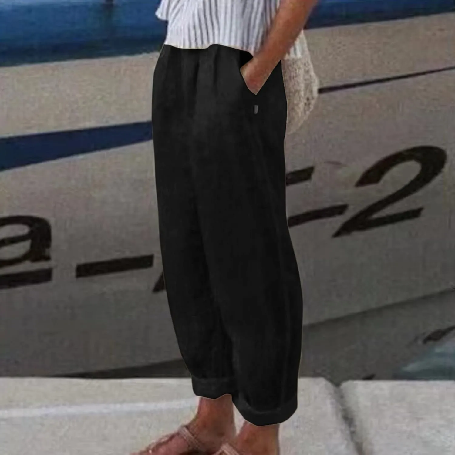 Linen Pants for Women Summer Casual Loose Beach Pant Lightweight High Waist Cropped Baggy Trousers with Pockets
