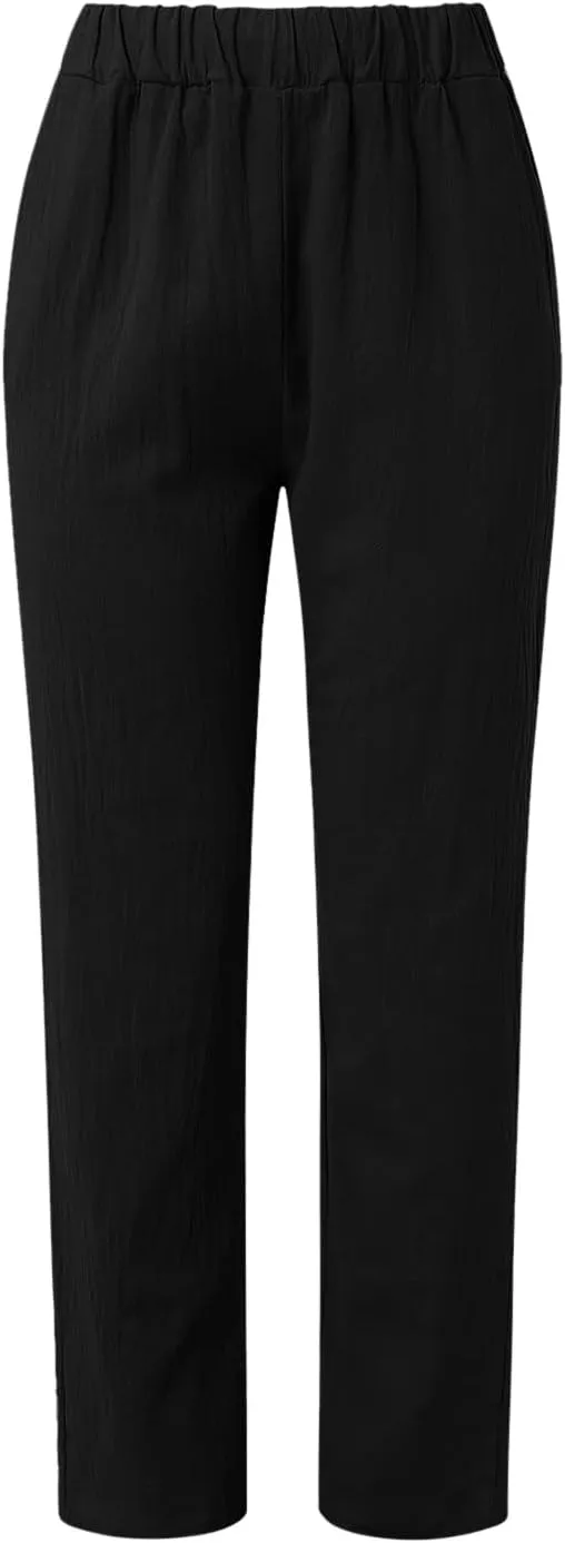 Linen Pants for Women Summer Casual Loose Beach Pant Lightweight High Waist Cropped Baggy Trousers with Pockets