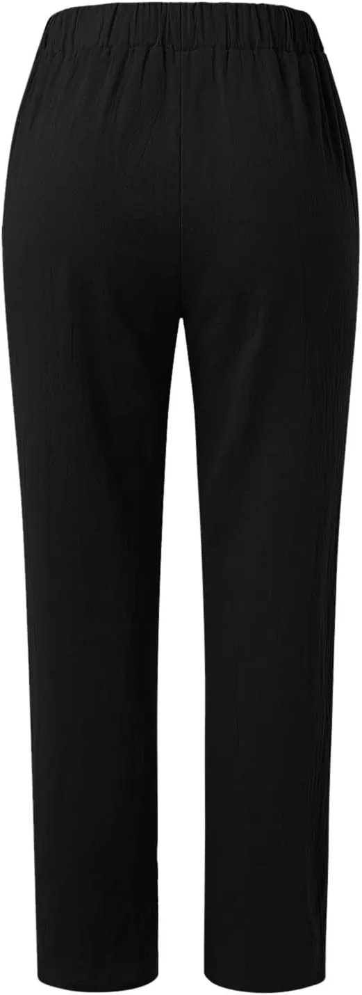 Linen Pants for Women Summer Casual Loose Beach Pant Lightweight High Waist Cropped Baggy Trousers with Pockets