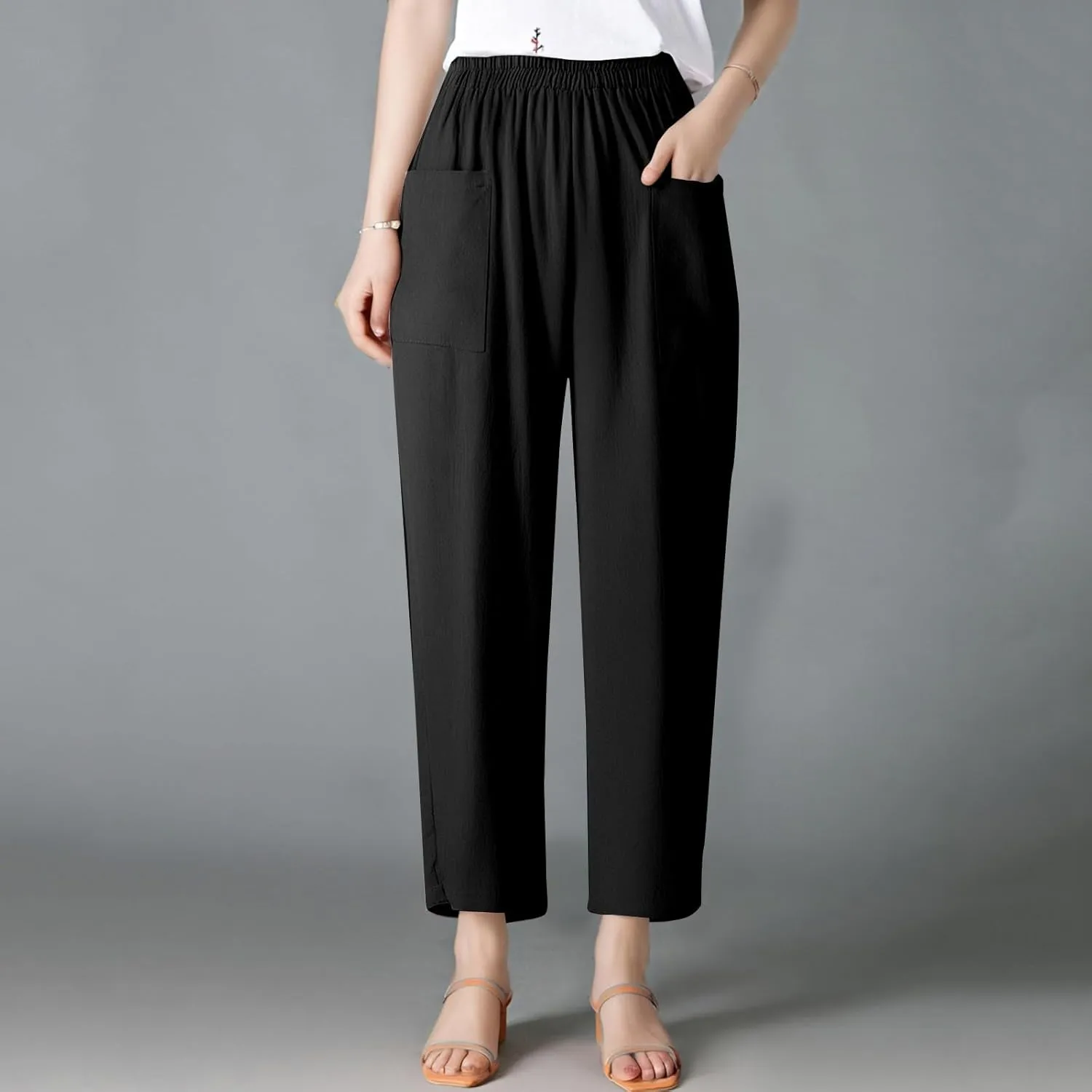 Linen Pants Women Elastic High Waisted Pull on Straight Leg Lounge Pants with Pockets Loose Fit Wide Leg Trouser