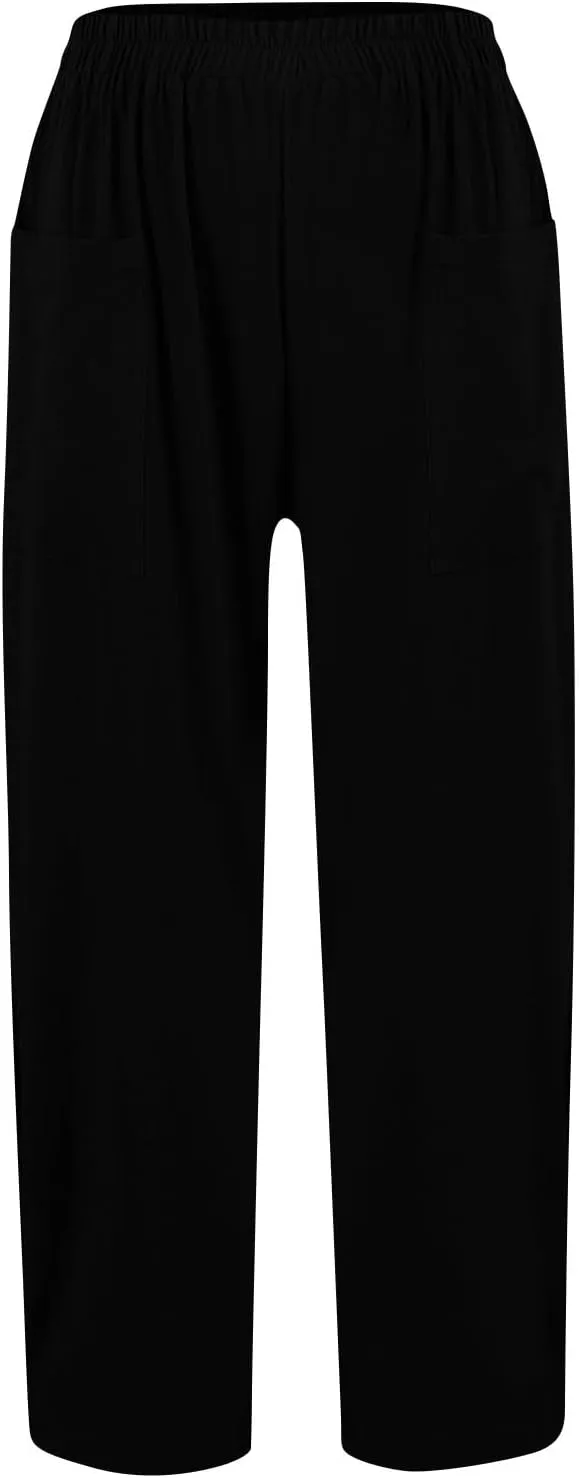 Linen Pants Women Elastic High Waisted Pull on Straight Leg Lounge Pants with Pockets Loose Fit Wide Leg Trouser