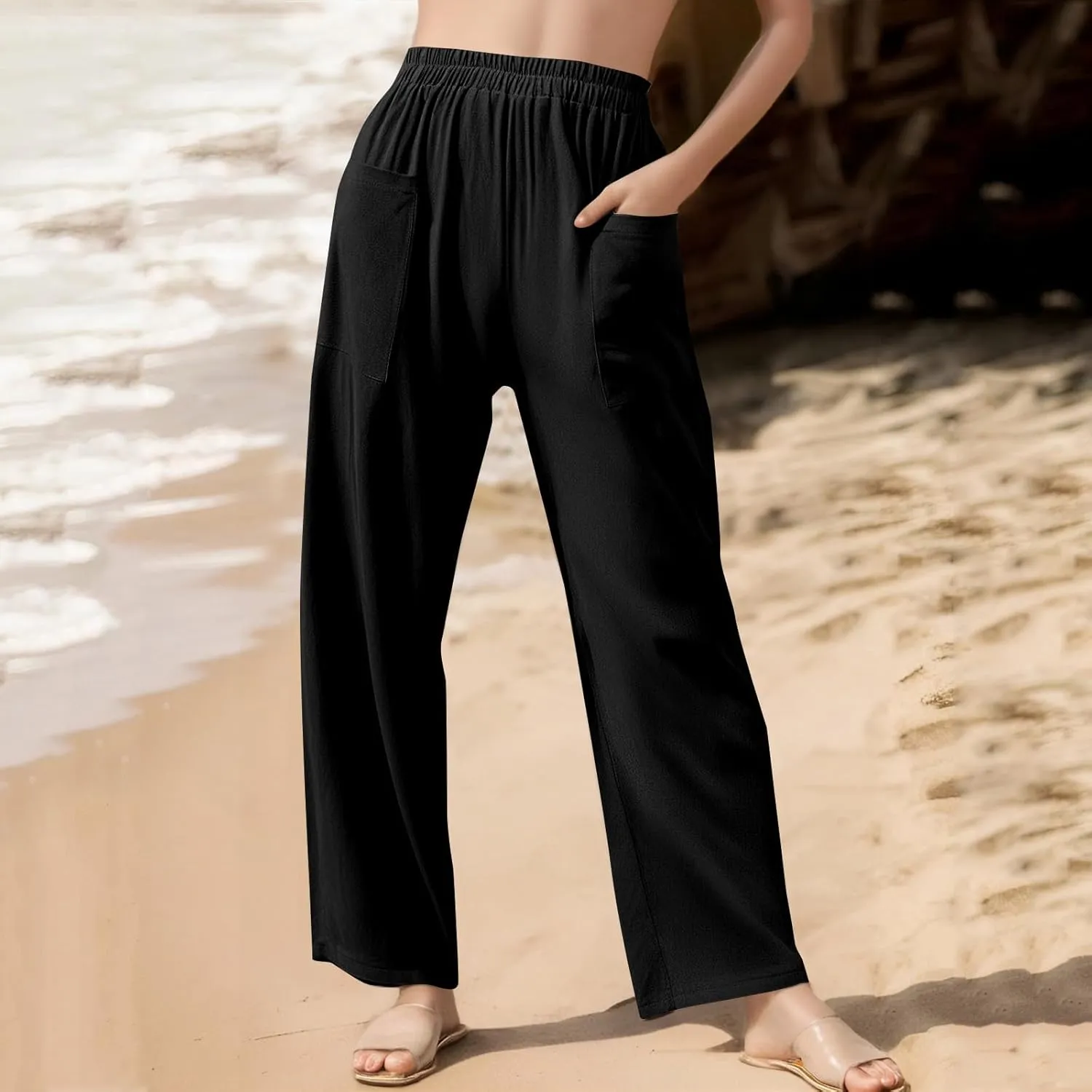 Linen Pants Women Elastic High Waisted Pull on Straight Leg Lounge Pants with Pockets Loose Fit Wide Leg Trouser