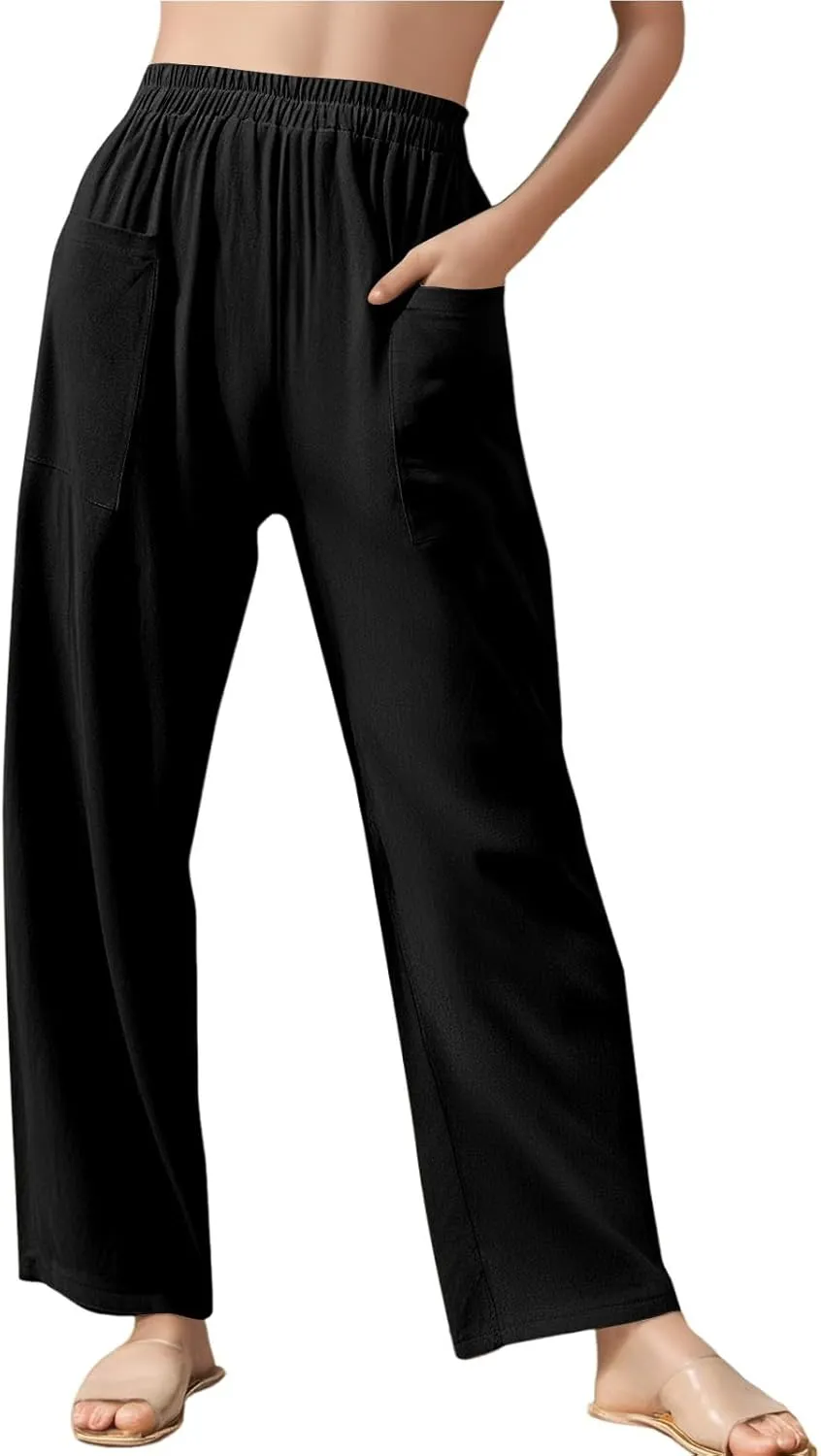 Linen Pants Women Elastic High Waisted Pull on Straight Leg Lounge Pants with Pockets Loose Fit Wide Leg Trouser